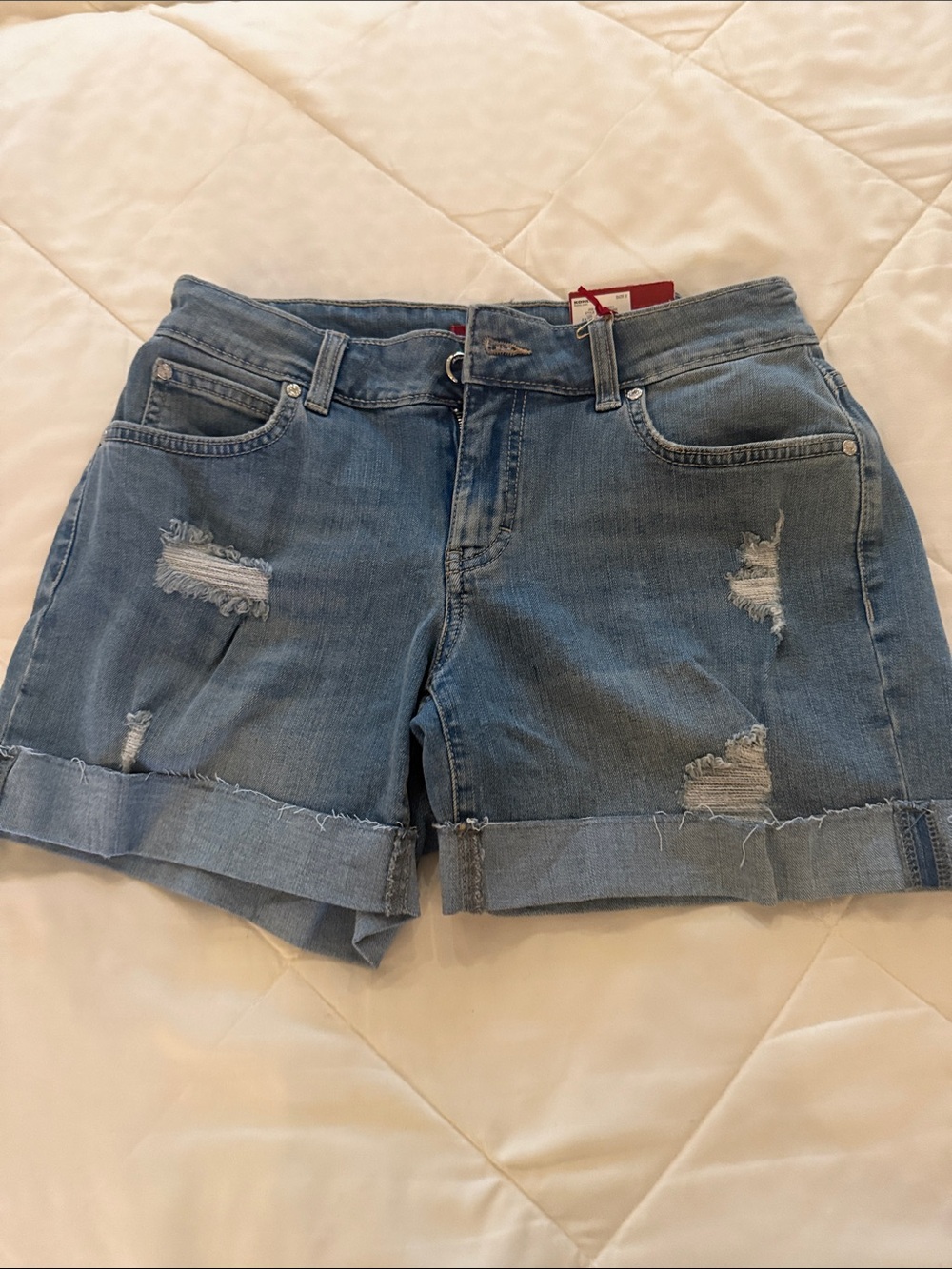 Jennifer Lopez Medium Light Blue Distressed Rolled-Hem Jean Shorts